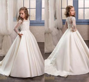 White A-Line Satin Lace Flower Girl Dress - Long Sleeve Sheer Princess Gown for Weddings, Parties, First Communion