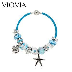 Wholesale- VIOVIA Summer Style Blue Leather Bracelets & Bangles Sea Turtle Star Shell Charm murano glass  bracelet for women B15180