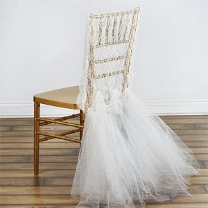 Romantische Spitze-Hochzeits-Stuhlhusse mit Tüll-Rüschen. Bräutigam- und Braut-Stuhlhussen, maßgeschneiderte Chiavari-Stuhlhussen