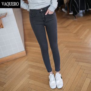 Atacado- Básico 5 Pockets Mid Cintura Skinny Jeans para Mulheres 2016 Femme Fácil de usar Slim Fit Stretch Denim Calças Mulheres Black Gray Azul