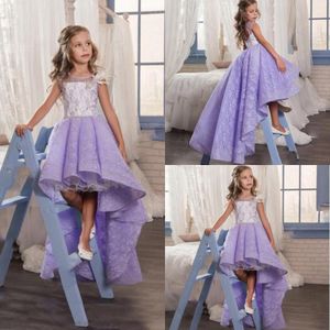 Özel Tasarım Çiçek Kız Elbise Jewel Sheer Boyun Aplike Ile Yüksek Düşük Pageant Elbise Geri Fermuar Katmanlı Ruffles Lavenda Parti Törenlerinde