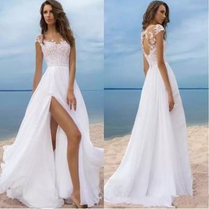Designer Beach White Top Lace Floral Wedding Dresses High Split Chiffon Keyhole Back Bridal Boho Gowns Summer Cheap robe de mariée 2018