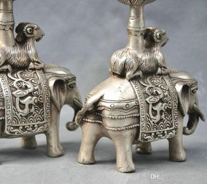 10 '' Çin Gümüş Bronz çifti fil mum sopa Bronz Heykeli