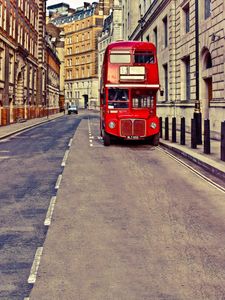 Europäische Straßenfotografie-Hintergründe, Vinylstoff, Vintage-Gebäude, roter Doppeldeckerbus, Kinder, Kinder, Hochzeit, Fotohintergrund im Freien