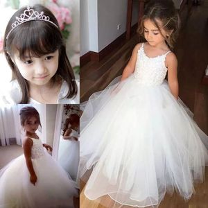 Beyaz Çiçek Kızlar Elbise Tül Dantel Üst Spagetti Resmi Çocuklar Parti için Giymek Yürümeye Başlayan Küplükler Boyut 2 4 6 8 10 11 12 13 14 15 16