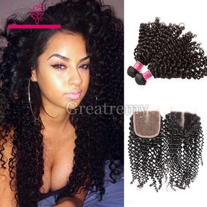 Greatremy® Curly Hair Extension 2 PCS Bundles com 3 Parte Curly Lace Fechamento (4 * 4) 100% Malásia Virgem Virgem Weave Humano à venda
