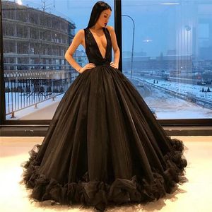 Son Siyah Payetli Dalma V Yaka Balo Elbise Kolsuz Puf Ruffled Tül Büyüleyici Parti Elbise 2017 Seksi Şık A-Line Abiye giyim