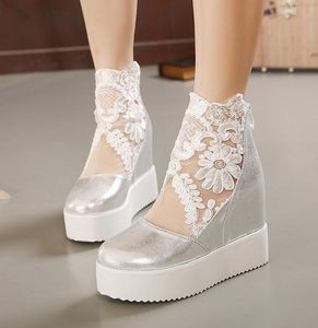 Вышитые белые серебряные кружевные свадебные туфли элегантный открытый носок танкетка свадебные сапоги 2015 размер от 35 до 39