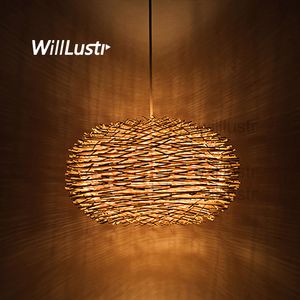 WillLlustr Hasır Kolye Lambası El Yapımı Kuş Yuva Süspansiyon Işık Otel Restoran Mall Bar Lounge Sundurma Rattan Asılı Avize Aydınlatma