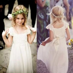 Plaj Düğün Ülke Boho Çiçek Kız Elbise Kare Boyun Kapaklı Kollu Dantel Üst Tam Boy Çocuk Örgün Önlük Kanat ile Tül Etek