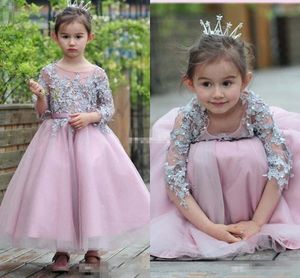 Sıcak satış doğum günü prenses elbise küçük kızlar aplike kollu ayak bileği uzunluk çiçek kız elbise yürümeye başlayan çocuk yarışmaları özel kalite