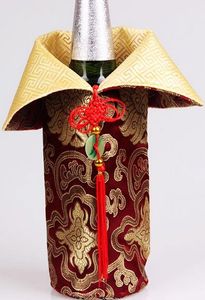 Çin düğüm Noel Şarap Şişesi Kapağı Çantası Ev Partisi Masa Dekorasyon Ipek Brokar Şişe Giysileri Ambalaj Kılıfı 1 adet