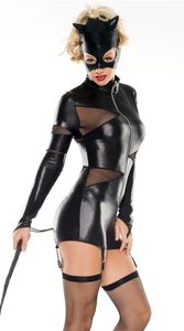 Mulheres de Couro Preto Falso Catsuit Macacão Curto Sexy Catwoman Traje de Halloween Outfit Fancy Dress Cosplay Bodysuit Com Máscara