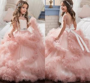 Румяно-розовые платья для девочек. Новые бальные платья с каскадными оборками. Уникальные дизайнерские детские блестящие платья для девочек с цветочным узором на свадьбу.