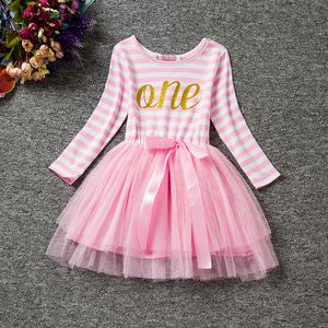 Toptan-Winter2016 Çocuk Bebek Kız Sevimli A-Line 1. Doğum Günü Partisi Kostüm Mektubu Tutu Prenses Çizgili Elbise Kızlar İçin Günlük Kıyafetler
