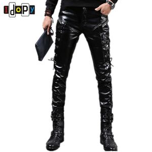 Wholesale- Fashion Autumn&Winter Mens Skinny Leather Pants Faux Black Joggers Pants Motorcycle Trousers For Men With Strings