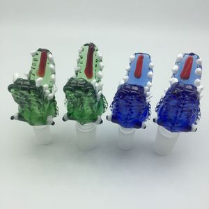 Стеклянные миски с крокодильной головой голубой зеленый 14 мм 18 мм мужской стаканной чаши для масляных буровых районов Стеклянные бонги водяные трубы