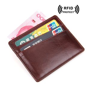 Rfid Blocking Slim ID Card Wallet for Men Red Brown Crazy Horse Leather Credit Card Holder 2017 Vintage Designer ID Card Case