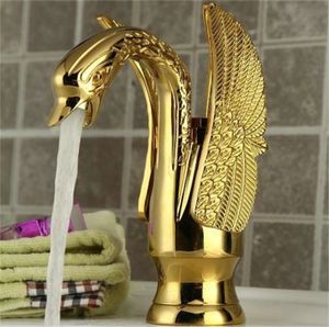 Wholesale- Bathroom Swan  Faucet Gold Finish Single Tap waterfall Sink Faucets Handles Vintage Antique Brass