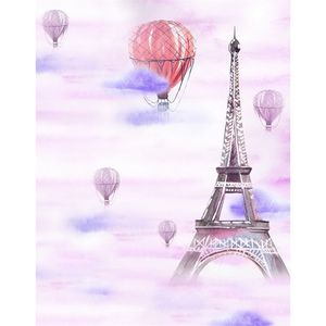 Bebek Fotoğraf Çekimi için Eyfel Kulesi Karikatür Arka Planında Renkli Bulut Sıcak Hava Balonları Stüdyo Vinil Fotoğraf Arka Plan