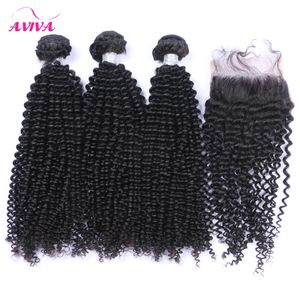 3 Bundles Brasileiro Curly Curly Virgem Humano Waves com fechamento peruano Mongólio Mongólio Cambojano Cabelo Indiano e Lace Feches