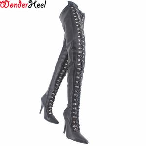Wonderheel Aşırı Yüksek Topuk 12 cm Stiletto Overknee Çizmeler Mat Uyluk Yüksek Çizmeler Seks Fetiş Yüksek Topuk Lace Up Crotch Botlar