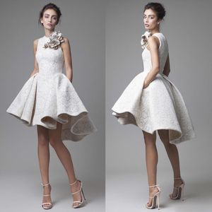 Çiçek ile 2019 Dantel Gelinlik Krikor Jabotian mücevher Kolsuz Yüksek Düşük Gelinlik Kısa A-Line Beach Gelinlik