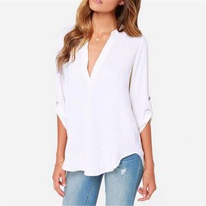 2023 Yeni Moda Kadınlar Uzun Kollu Beyaz Şifon V Boyun T Shirt Sonbahar İş Gündelik Üstler Kadın Artı Tee Katı Siyah Giyim