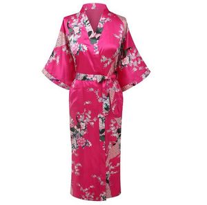 Wholesale- Stylish Hot Pink Ladies Kimono Yukata Gown Women Silk Satin Robe Summer Casual Nightgown Floral&Peacock S M L XL XXL XXXL A-109