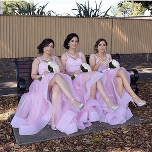 Pembe A-line Düğün Konuk Elbiseler Seksi Sevgiliye Dantel Aplikler Kolsuz Zarif Nedime Elbise Şık Tül Uzun Gelinlik Modelleri