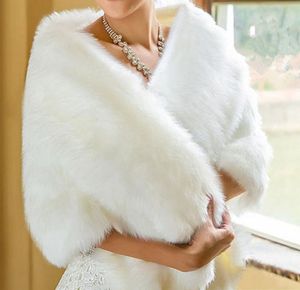 2018 Beyaz Fildişi Gelin Sarar Şal Ceketler Kış Kürk Kadın Ceket Kat Uzunluk Pelerinler Parti Düğün Ceket