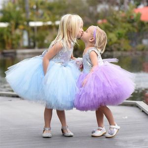Renkli Tül Balo Çiçek Kız Elbise Düğün İçin Payetli Kolsuz Diz Boyu Çocuk Balo Parti Abiye Tutu Bebek Pageant Elbise