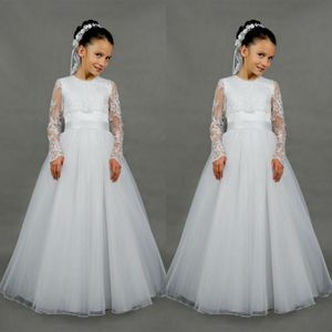 Kızlar için kutsal cemaat elbiseler jewel boyun bir çizgi kat uzunluk beyaz saten ve tül vintage çiçek kız elbise ile uzun kollu sarar