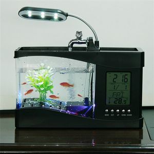 Akvaryum Işıkları Mini USB ile LCD Ekran Masaüstü Balık Tankı LED Saat Masa Lambası Beyaz Siyah