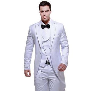 Moda Beyaz Tailcoat Erkekler Düğün Smokin Sabah Stil Damat Smokin Tepe yaka Bir Düğme Erkekler Yemeği Balo elbise (Ceket + Pantolon + Kravat + Yelek) 8