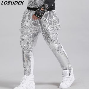 Tide erkek gümüş payetler harem pantolon bar sahne şarkıcı dansçı hip hop rock performans rahat gevşek pantolon troiper sokak dansı shinny kostüm