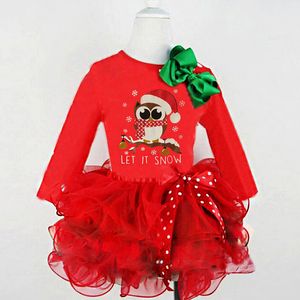 2020 Bebek Kız Noel Dantel Tutu Elbise Çocuk Baykuş Prenses Elbiseler Sonbahar Moda Butik Xmas Çocuk Giyim C5510