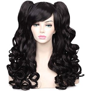 Peruca de cosplay de cabelo curly longo com 2 rabos de cavalo (preto) frete grátis