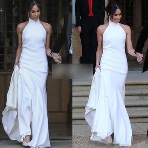 Beyaz Denizkızı Basit Elbiseler Prens Meghan Markle Gelin Partisi Önlükler Yular Boyun Yumuşak Saten Düğün Resept Elbise