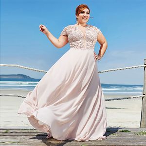 Pale Pink Plus Size Lace Prom Dresses Sheer Plunging Neck Cap Sleeves Evening Gowns A Line Floor Length Chiffon Formal Dress