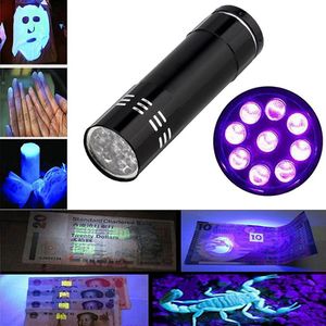 Mini Alumminum UV UV ULTRA VIOLET 9 LED Lanterna Blacklight Super Brilhante Lâmpada de Luz de Luz Portátil Detector
