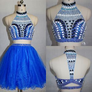 Kraliyet Mavi İki Parçası Homecoming Elbiseler Yüksek Boyun Sırtsız Boncuklu Rhinestones Crystal Kokteyl Elbiseleri Kısa Balo Önlükleri Dh871