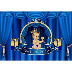 Индивидуальные Royal Prince Baby Shower Фон Печатных Синий Занавес Золотые Короны Мальчик Дети День Рождения Фото Стенд Фон