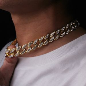 Iced Out Chains Bling Rhinestone Golden Finish Майами Кубинское звено цепи Ожерелье Мужские ожерелья в стиле хип-хоп Ювелирные изделия в подарок