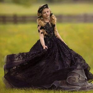 Moda Siyah Dantel Çiçek Kız Elbise Uzun Kollu 3D Aplikler Kabarık Balo Couture Pageant Elbise Kızlar Için Custom Made Doğum Günü Elbise