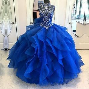 Alta pescoço ragazza quinceanera vestidos espartilho organza em camadas frisado masquerad princesa vestidos de baile doce lantejoulas vestido debutante