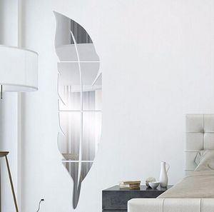 Acrylic Feather Mirror Sticker 3D Art Removable Wall Stickers Creative DIY Dressing Mirror Wall Decal Bedroom Living Room Decoration