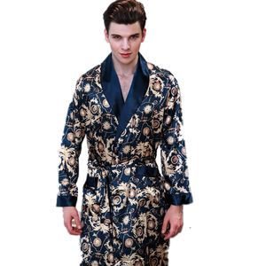 New Summer Satin Robes Male Dressing Gown Men's Long Sleeve Silk Print Paern Bathrobe Leisure Kimono Home Men