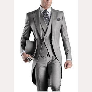 2017 Damat İnce Fit Erkekler Kuyruk katları açık gri özel balo sağnamcen erkek takım elbise düğün smokin (ceket+pantolon+yelek+kravat+hanky)