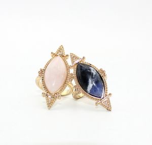 Мода Золотой цвет квадратный натуральный камень кольцо геометрия розовый кристалл кольцо для женщин ювелирные изделия